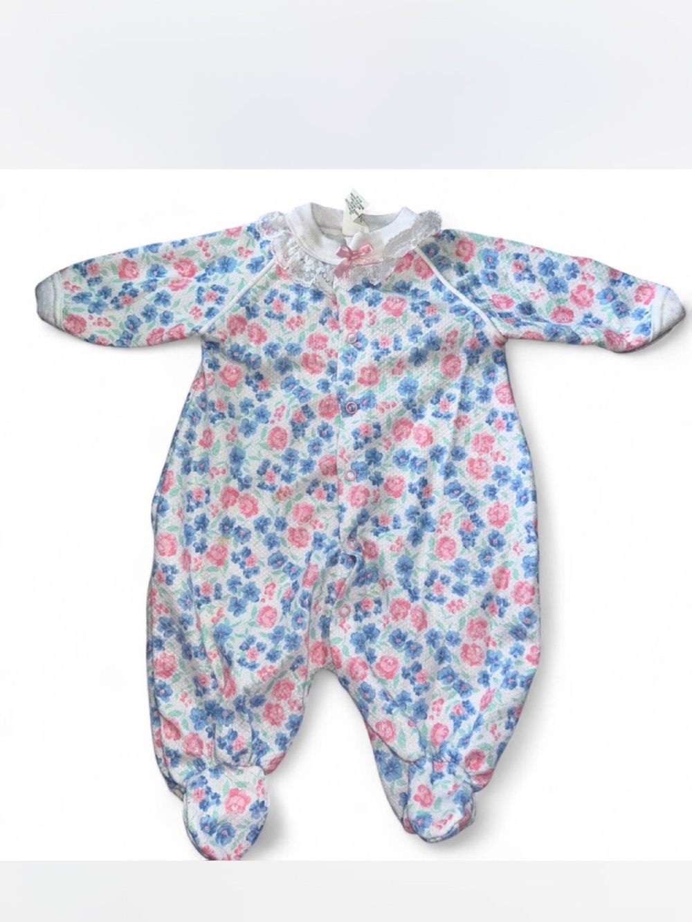 Vintage Floral Footed One-Piece in Pink & Blue - Soft Cozy Sleeper